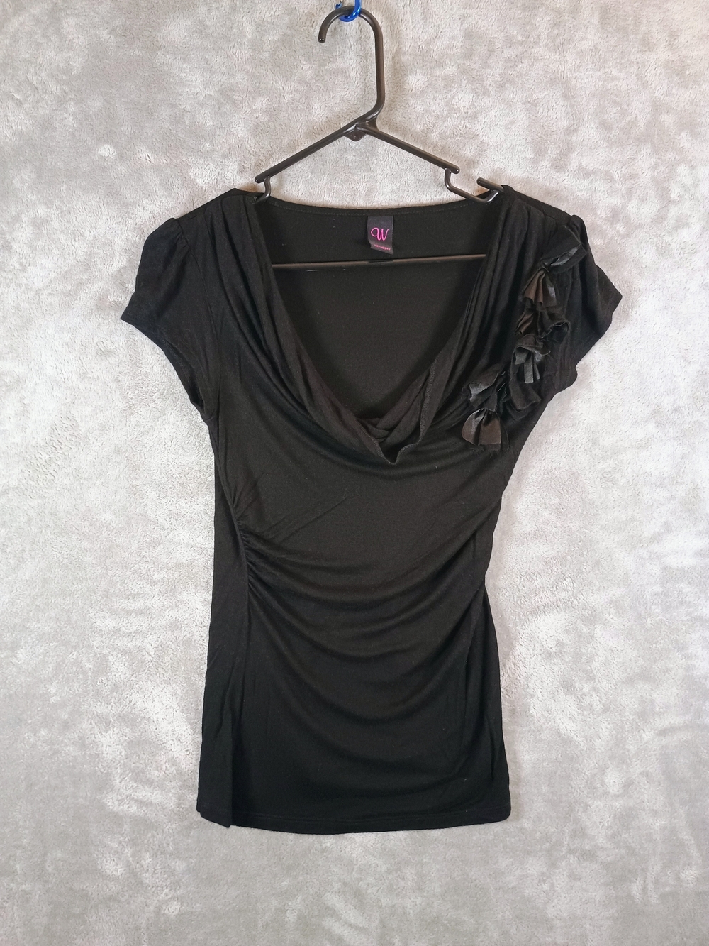 Y2K Wrapper Brand Black Draped Neck Top with Floral Accent (No Size Or Care Tag)